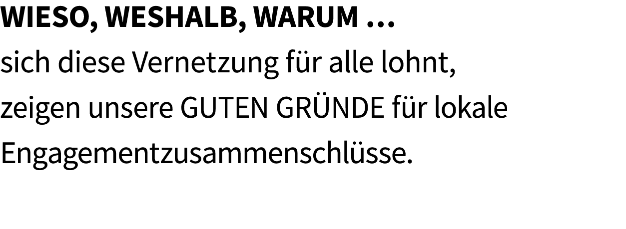 Wieso, weshalb, warum … sich diese Vernetzung f r alle lohnt, zeigen unsere GUTEN GR NDE f r lokale Engagementzusamme...